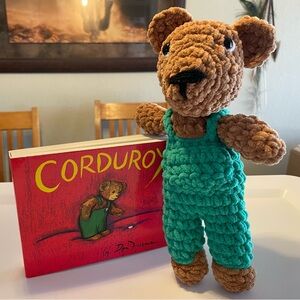 Handmade Crochet Corduroy Bear Plush Toy with Board Book Set